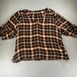 Madewell Cropped Fall Flannel  Blouse Quarter Sleeves Boho Tie Sleeves